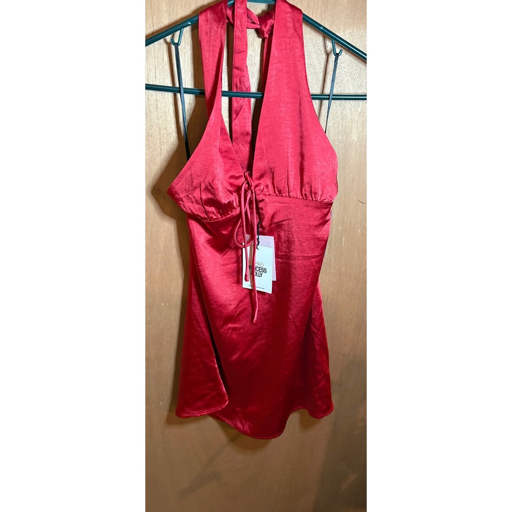 Princess Polly Lanier Red Satin Halter Mini Dress Tie Front NWT Size 4